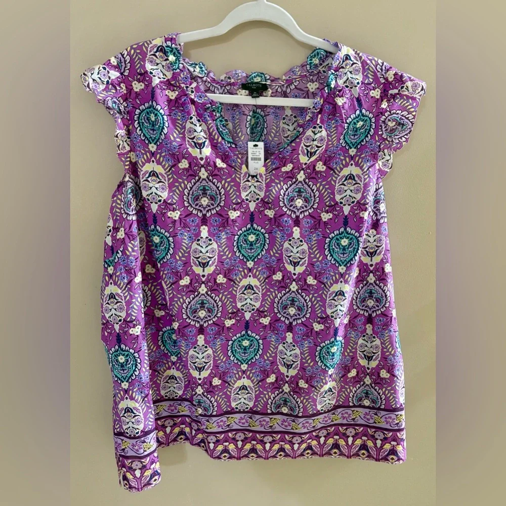 Talbots Purple Blouse with Blue and White Patterns - Picture 1 of 3